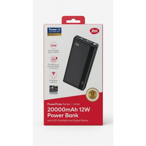 Itel Power-Pulse A1160 20,000mAh 12W Fast Charging Power Bank with Digital Display